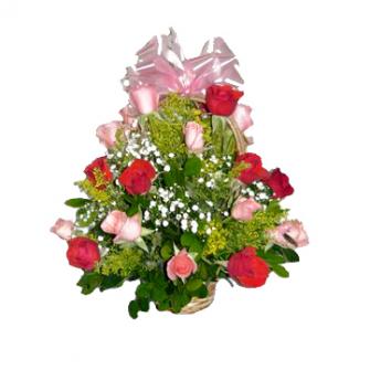 Cesta Redonda de Rosas Vermelhas e Rosadas Cesta Redonda de Rosas Vermelhas e Rosadas